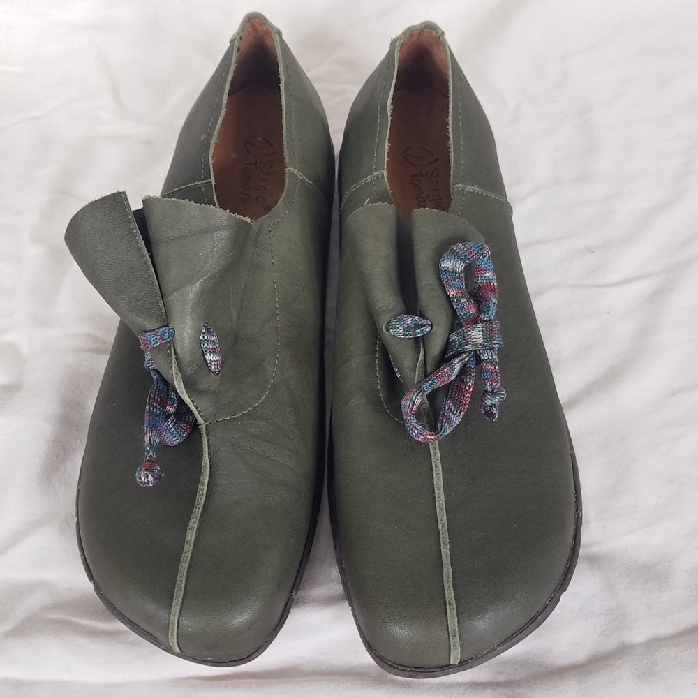 Sergio Tomani Leather Flats Womens 39 Olive Green Excellent Artisanal Slip On